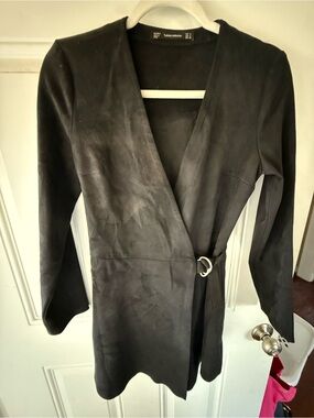 Zara Black Faux-Suede Wrap Trench Coat with D-Ring Detail